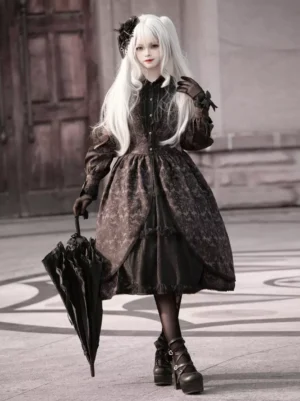 Gothic Lolita dress front full-body view featuring black jacquard fabric, long sleeves, buttoned stand collar, and bell-shaped ruffled skirt with high-low asymmetrical hemline, model wearing twin tails holding black parasol