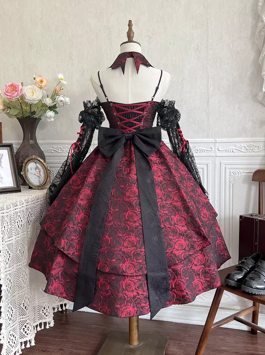 Back mannequin view of Gothic Lolita dress featuring oversized black back bow, crisscross back strap details, and two-tiered skirt construction with vintage home setting