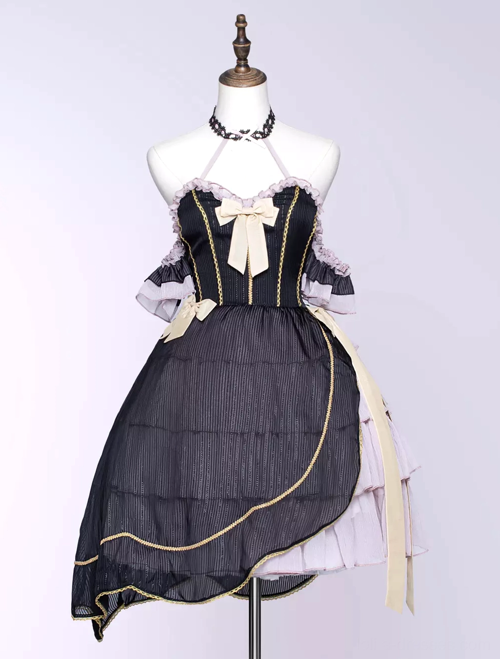 Asymmetrical gothic lolita dress front mannequin product display view corset bodice bow accents black-white color block gold trim details