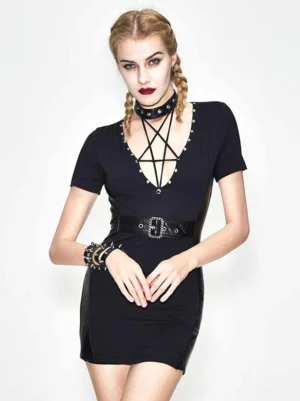 Black Gothic Lolita dress with deep V pentagram lace-up neckline, short sleeves and faux leather waist belt front view