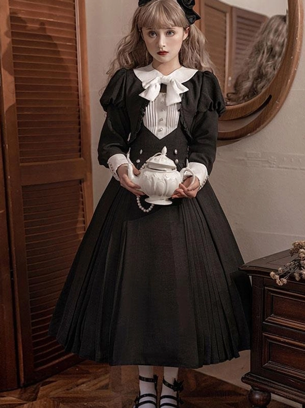 Gothic Lolita dress full-body front view pleated midi skirt white bow collar formal retro style