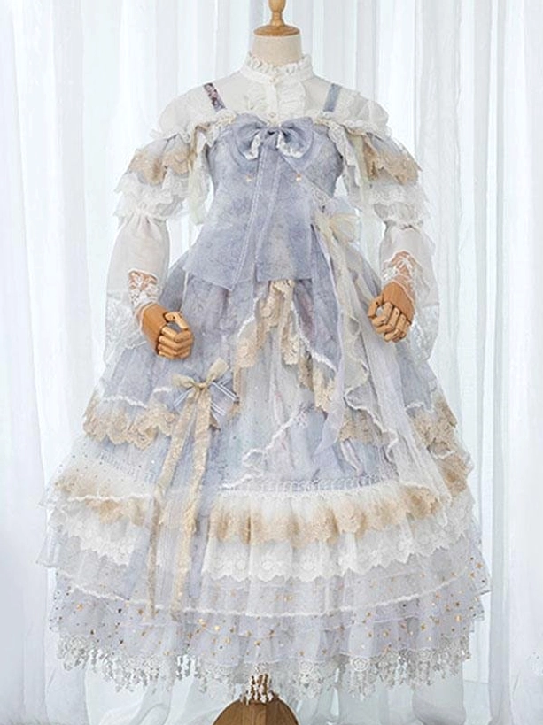 Pastel purple Gothic Lolita formal dress on BJD doll mannequin featuring lace ruffles bow decorations off-shoulder sleeves