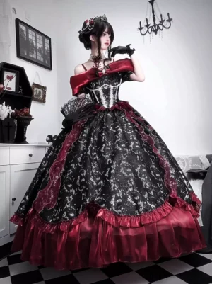 gothic lolita dress three-quarter side view corset bodice off-shoulder red collar layered ruffles