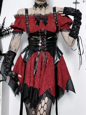 Red and black gothic lolita dress with lace-up corset front, off-shoulder ruffled sleeves, and jacquard skirt on model wearing cross choker