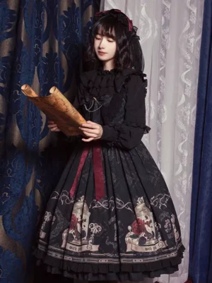 Full-body front view of Gothic Lolita dress with ruffled yoke and burgundy waist sash, displayed indoors against decorative blue and gold patterned curtains, showing complete silhouette and midi length construction