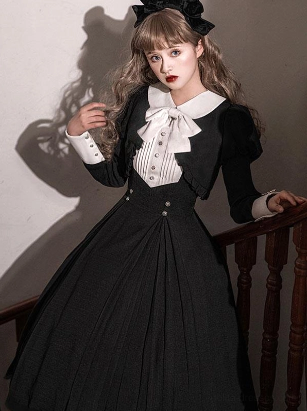 Gothic Lolita clothing set flat product display cropped bolero top suspender skirt white bow details