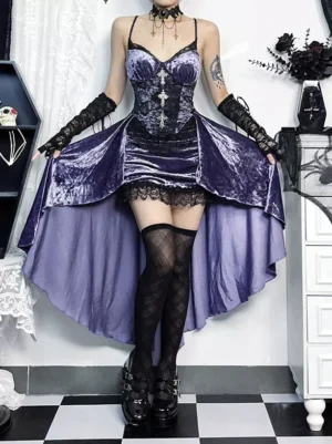 Gothic lolita dress set full front view model wearing asymmetrical high-low skirt corset bodice black lace accents fishnet stockings indoor gothic studio scene