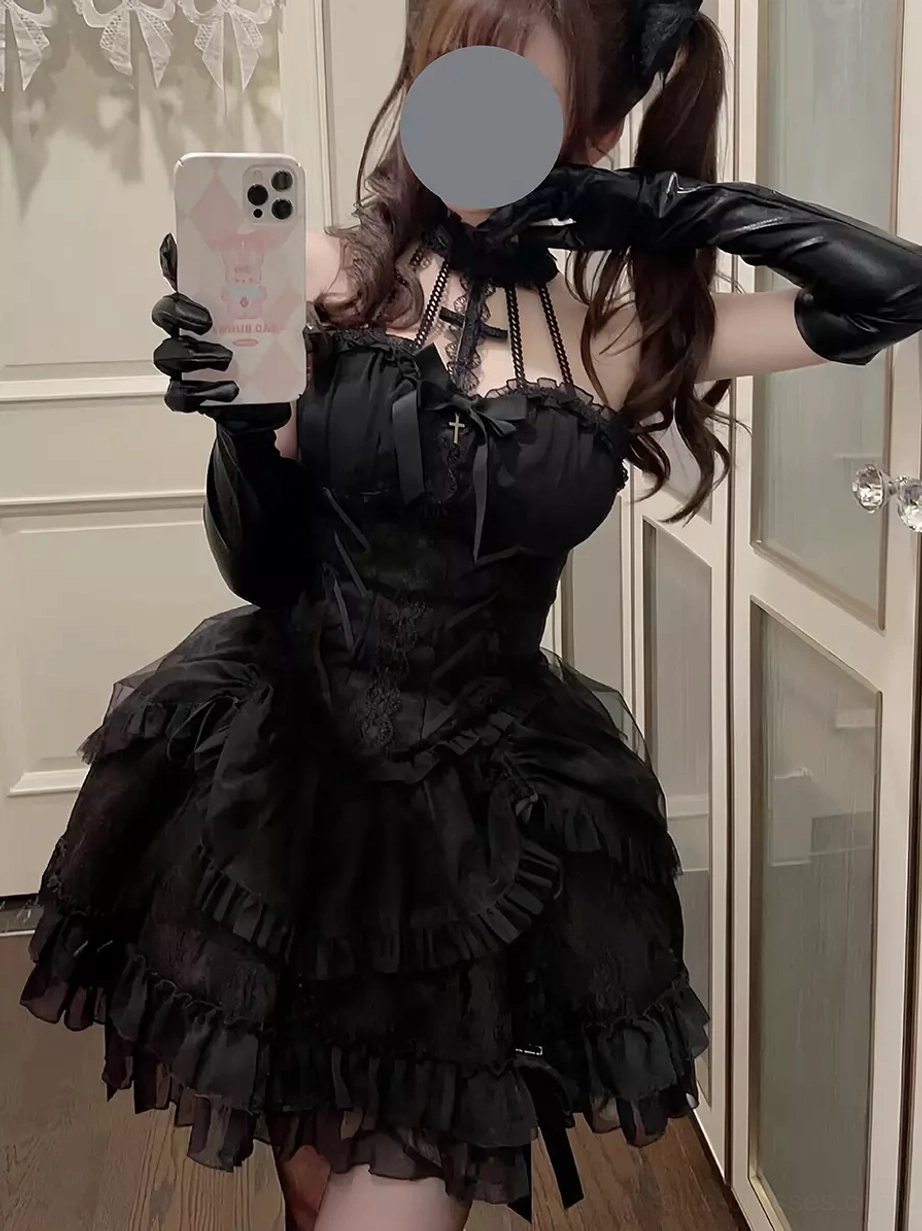 Gothic Lolita mini dress side profile corset bodice layered ruffled tulle skirt lace halter straps