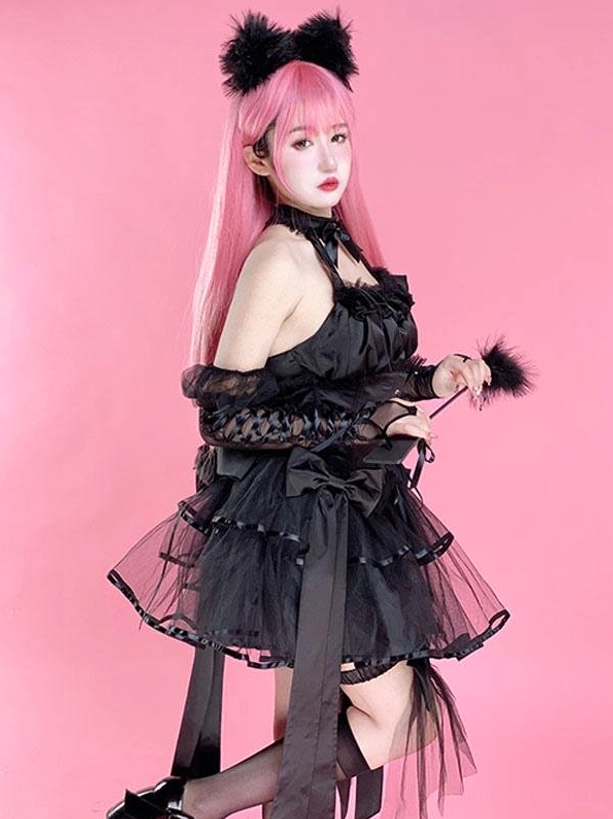 Gothic bunny lolita dress side angle view backless corset large bow skirt