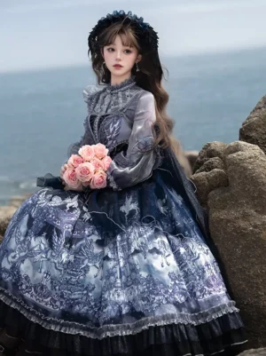 Gothic lolita one-piece dress front three-quarter view, stand-up collar, layered ruffled skirt, model holding pink rose bouquet at beach