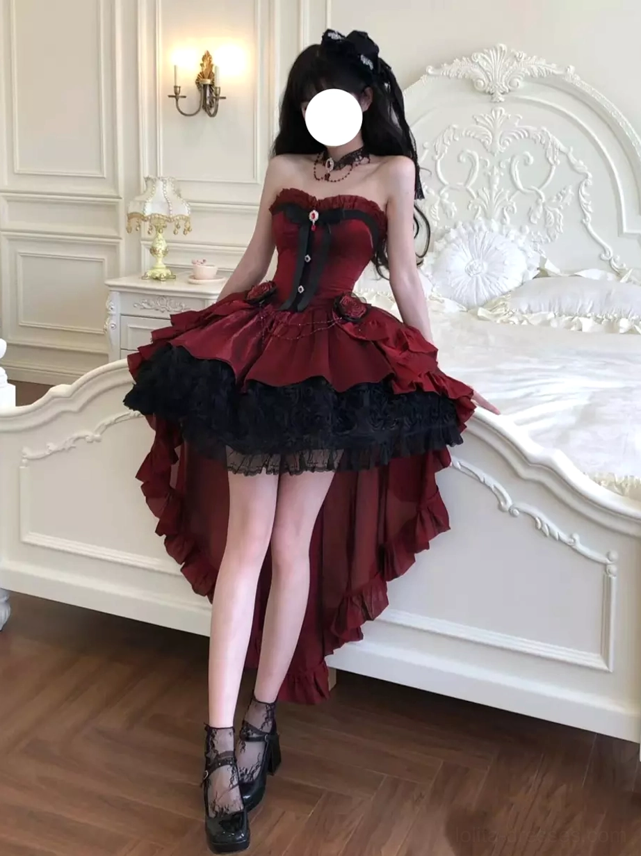 Gothic lolita gown leaning pose strapless bodice black lace trim high-low train vintage bedroom