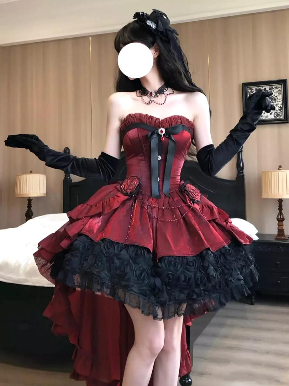 Gothic lolita dress sweetheart strapless neckline long black gloves front standing luxury bedroom