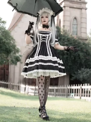 Gothic lolita dress three-quarter front angle showing layered white lace hem corset-style front lacing square neckline short puff sleeves with ruffles