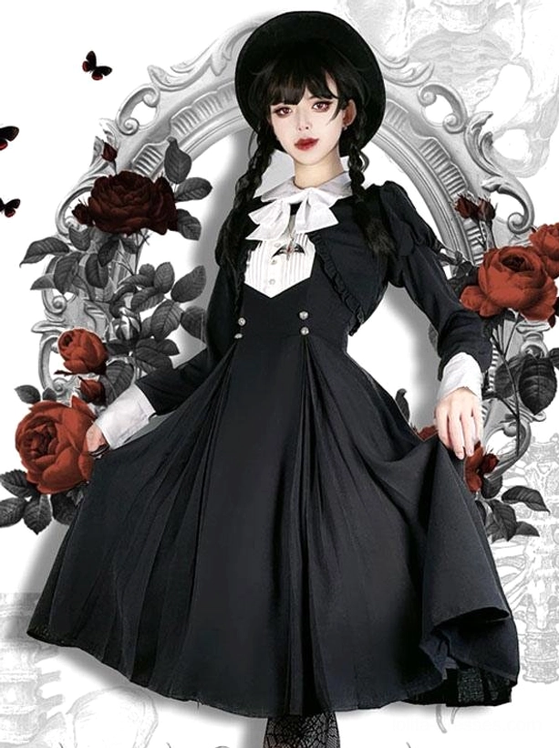 Gothic Lolita dress three-quarter view flared pleated skirt white detachable collar fitted sleeves