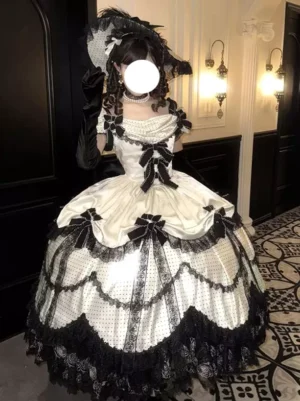 Gothic Lolita Victorian dress polka dot tulle overlay front center view with statement bow and lace brim hat