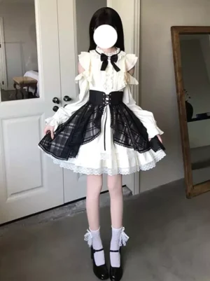 Full front view of Gothic Lolita dress styled with black Mary Jane shoes and lace socks, showing complete two-tone ensemble and dress proportions