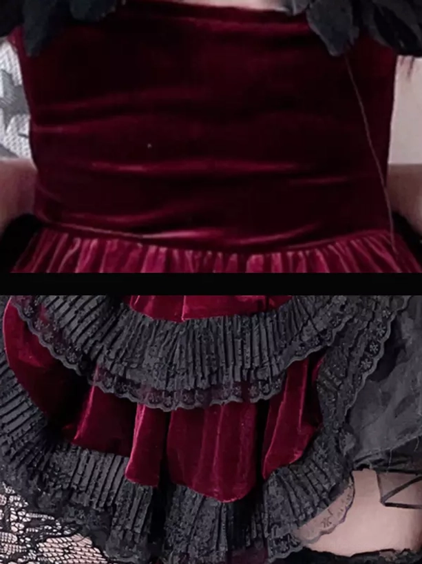 Gothic lolita dress torso detail featuring wine red velvet fabric ruffled waistband and lace trim construction quality