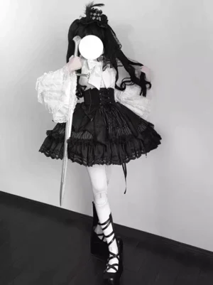 Gothic lolita outfit back view showing layered ruffle skirt construction, lace-up corset bodice detail, flare sleeve design with lace trim