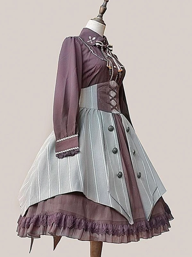 Complete gothic lolita ensemble side view with collar bow, embroidered collar detail, and ruffled skirt hem