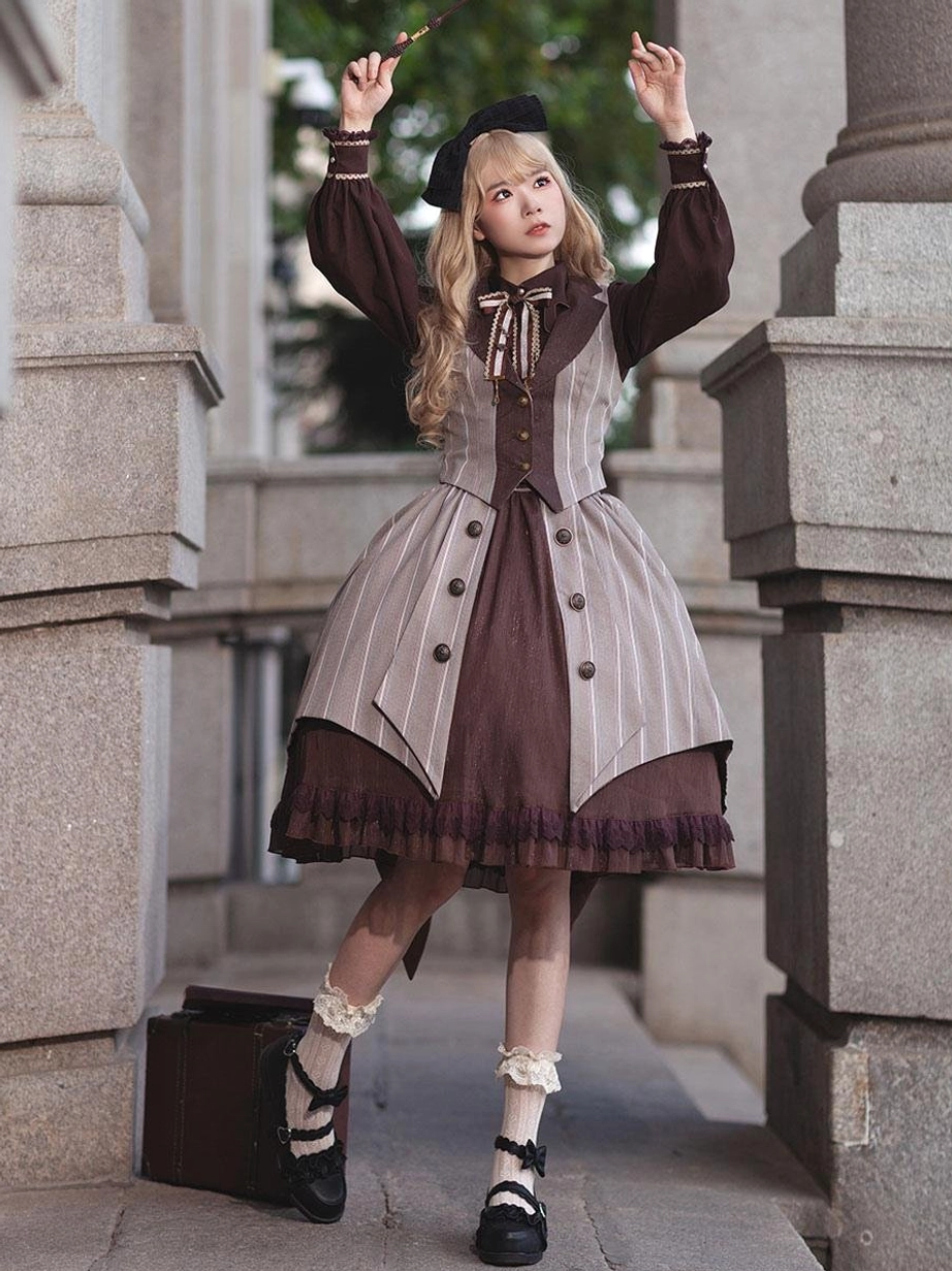 Gothic lolita fashion low front view outdoor real model wearing black beret, ruffled socks, holding magical wand