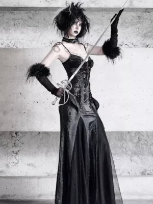 Gothic lolita black feather gloves worn with formal gown sequin corset mermaid skirt full body side view elegant ensemble