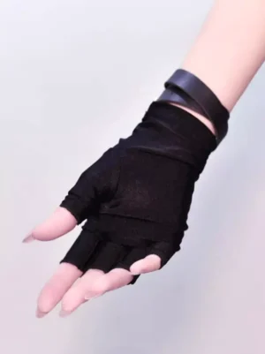 fingerless-gothic-gloves-black-stretch-fabric-double-strap-open-fingertips-detail-view