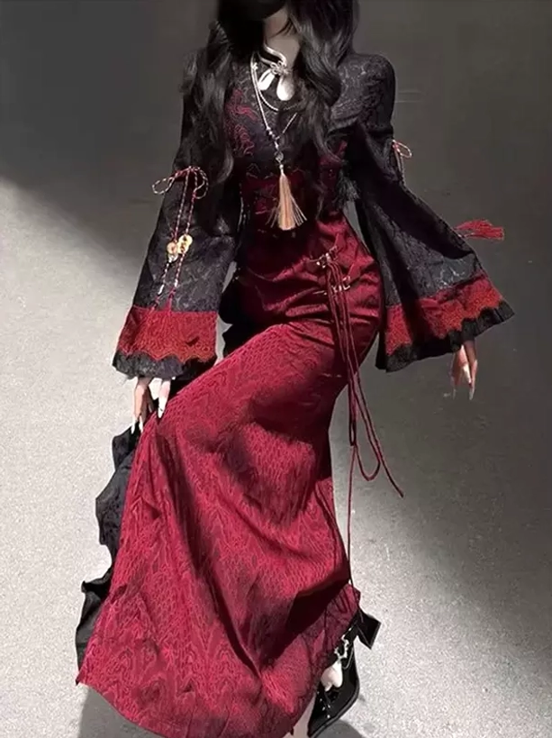 Gothic Lolita fishtail dress side view detail showing red trimmed lace cuffs side drawstring decorations and jacquard texture fabric