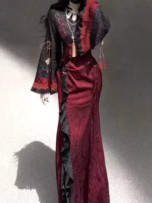 Gothic Lolita fishtail mermaid dress wine red black jacquard front side view with bell sleeves lace cuffs and black side ruffle details