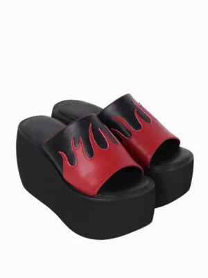 Flame appliqué lolita sandals reversed pair display showing open toe design thick wedge sole and intricate color blocking pattern