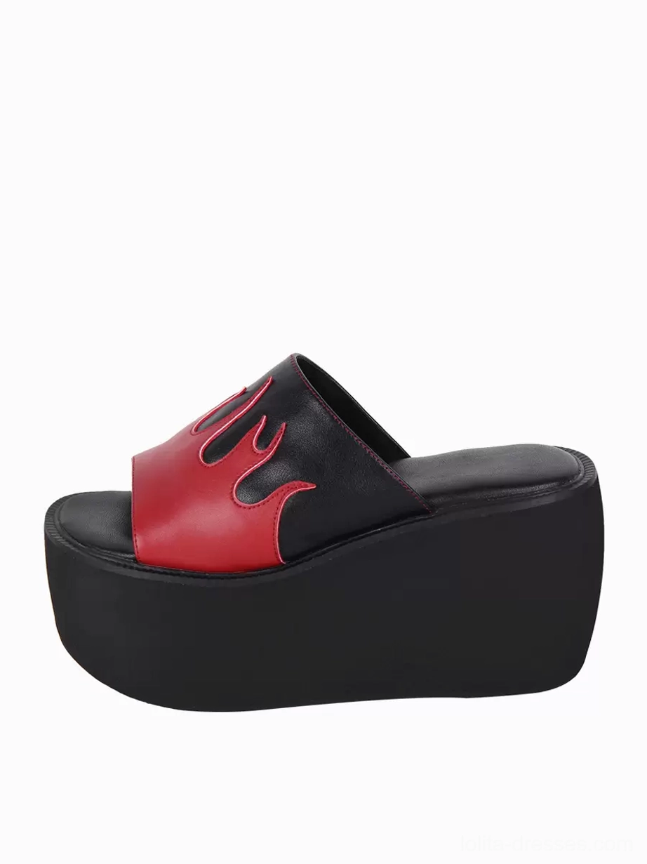 Single gothic lolita flame sandal flat side profile view showcasing smooth PU leather texture black-red color matching and complete heel silhouette