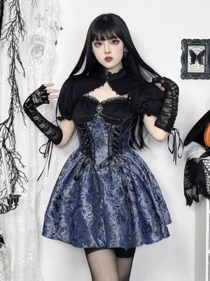 Gothic lolita floral jacquard two-piece dress set black with lace bolero front view on model