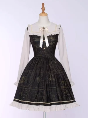 Gothic lolita floral tea party dress with lace-up corset back front view on dress form showing ruffled collar, gold plaid pattern, and formal silhouette