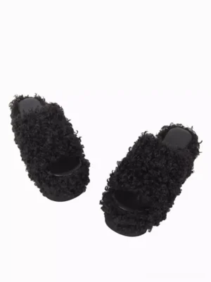 Black gothic lolita fuzzy platform slide sandals side profile view individual and paired shoe display chunky platform sole