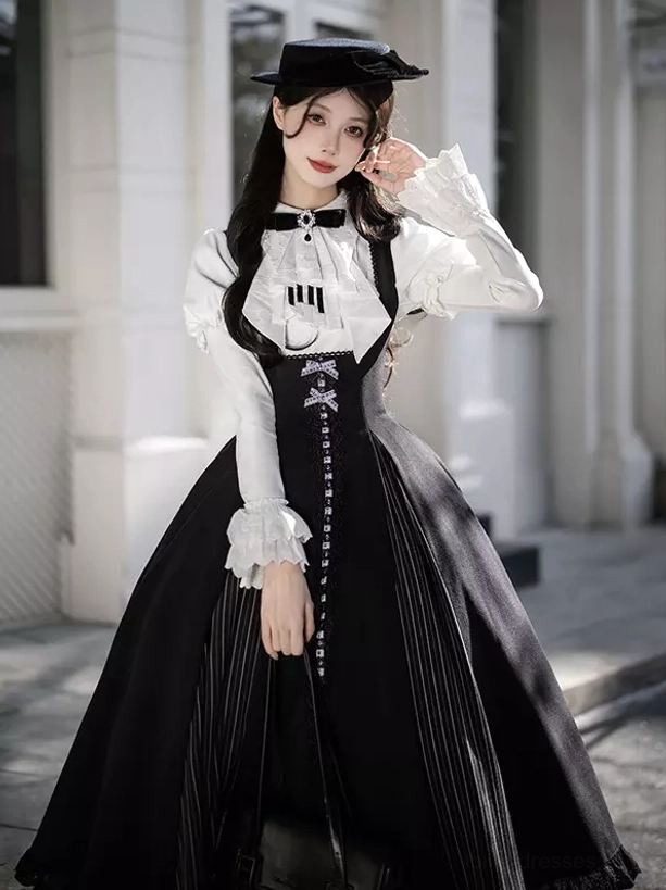 Gothic Lolita formal black dress set with A-line skirt button decorations white blouse hat and cravat front view