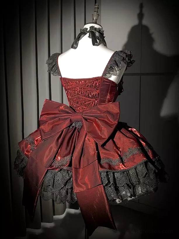 Gothic Lolita formal dress rear full display showing lace-trimmed shoulder straps and oversized back satin bow