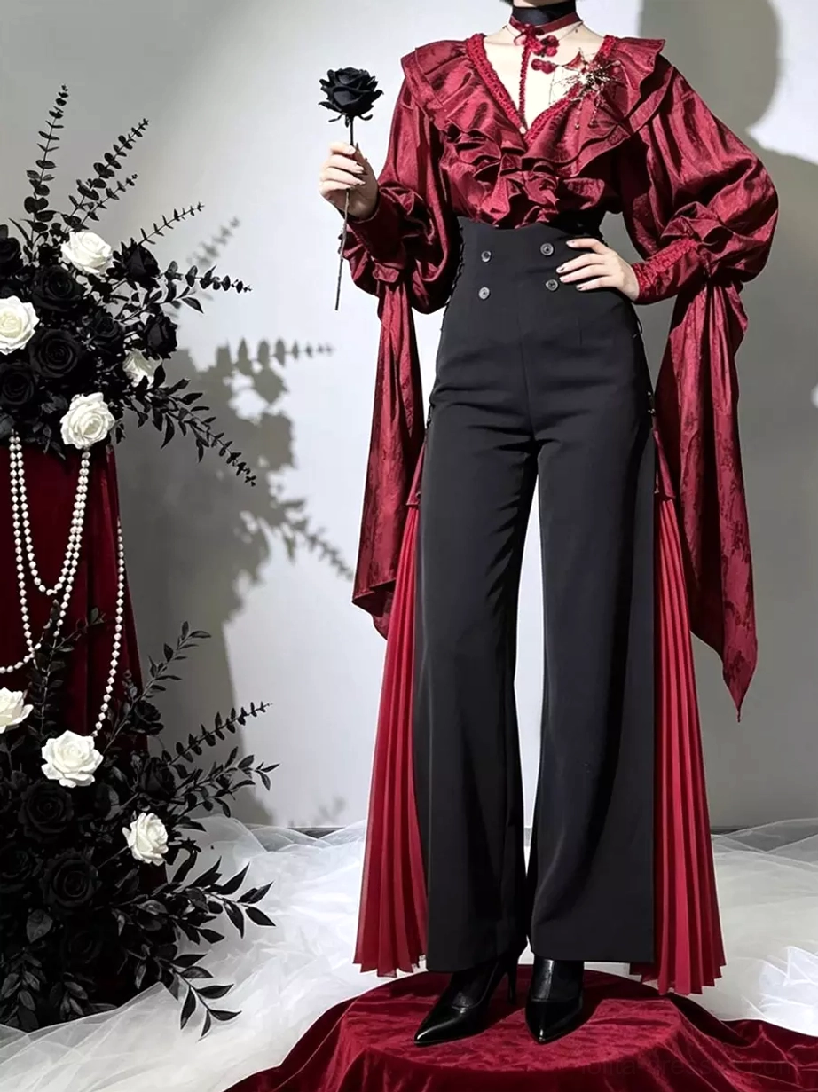 Front-facing gothic lolita formal outfit featuring high-waist double-breasted black wide-leg pants with red pleated side panels and ruffled burgundy long-sleeve blouse with elegant neckline detailing