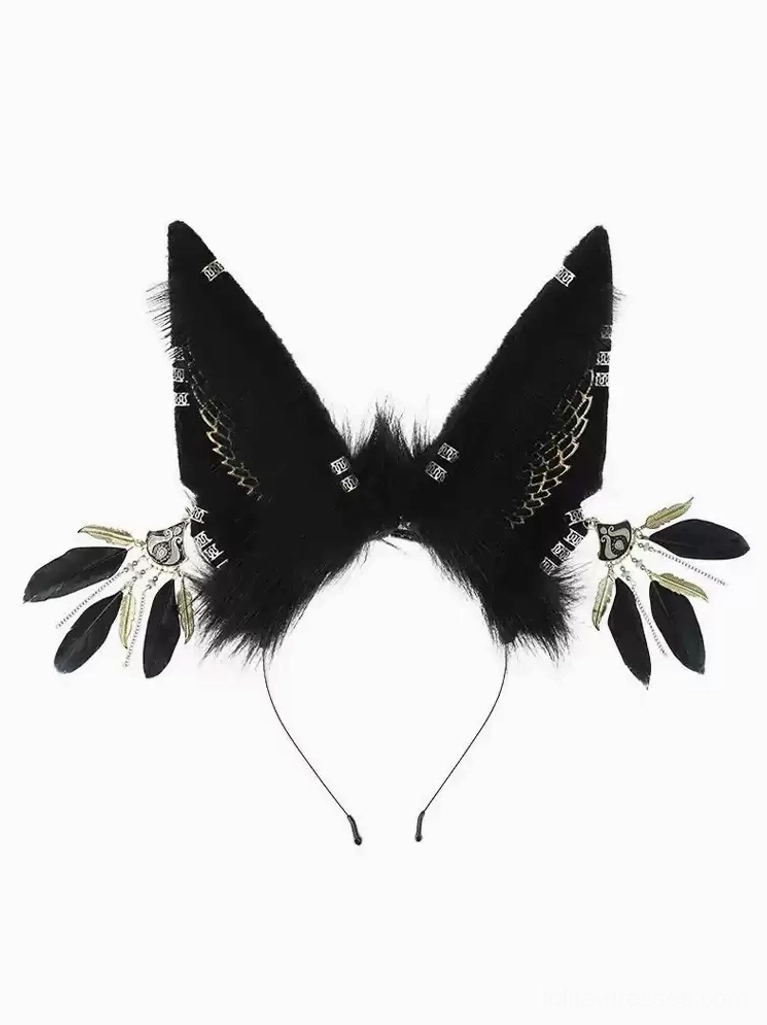 Asymmetrical decorative fox ear headband featuring distinct feather metal pendants with gold wing prints and rhinestones on both sides, gothic lolita headdress front flat view