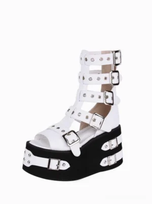 Single Gothic Lolita platform gladiator sandal front three-quarter view showcasing open round toe design, multi-buckle ankle straps, and elevated wedge sole construction
