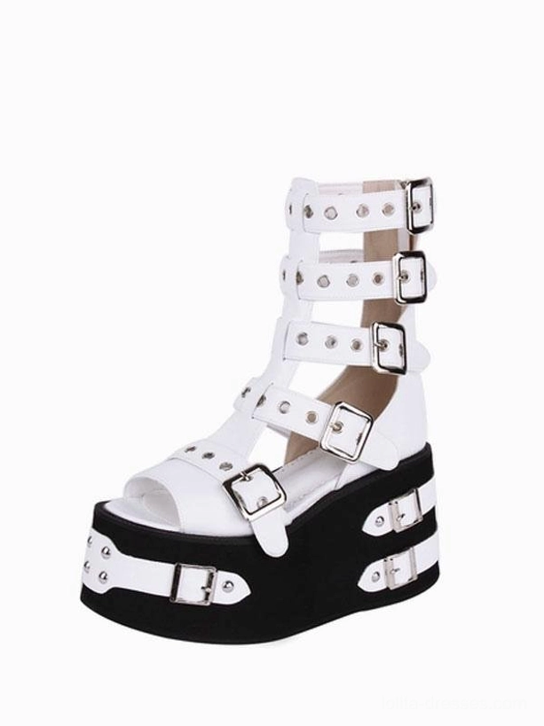 Single Gothic Lolita platform gladiator sandal front three-quarter view showcasing open round toe design, multi-buckle ankle straps, and elevated wedge sole construction