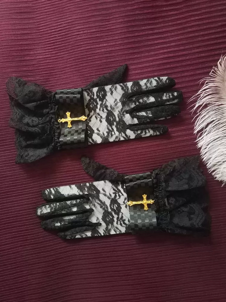 Black and white mixed lace gothic lolita gloves with ornate ruffled cuffs and gold cross charm, styled with decorative feather accents for elegant alternative fashion coordination