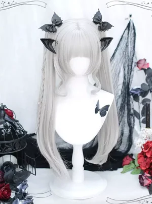 Gray Gothic Lolita wig front view showing straight twin tails blunt bangs and black decorative hair accessories on simple gothic display