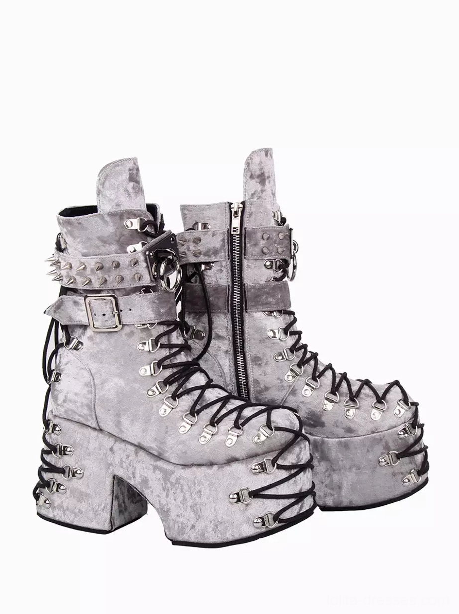 Grey velvet gothic platform ankle boots zipper closure spiked buckle strap side three-quarter view