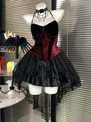 Gothic lolita halter corset JSK dress front view black wine red tiered lace skirt three-quarter angle