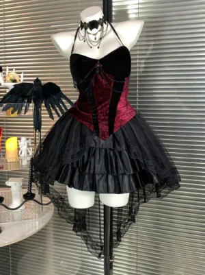 Gothic lolita halter corset dress side view velvet bustier gem detail high-low ruffle lace trim skirt