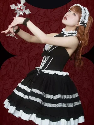 Gothic Lolita Dress Three-Quarter Side Angle - Layered Ruffled Skirt and Halter Top Detail