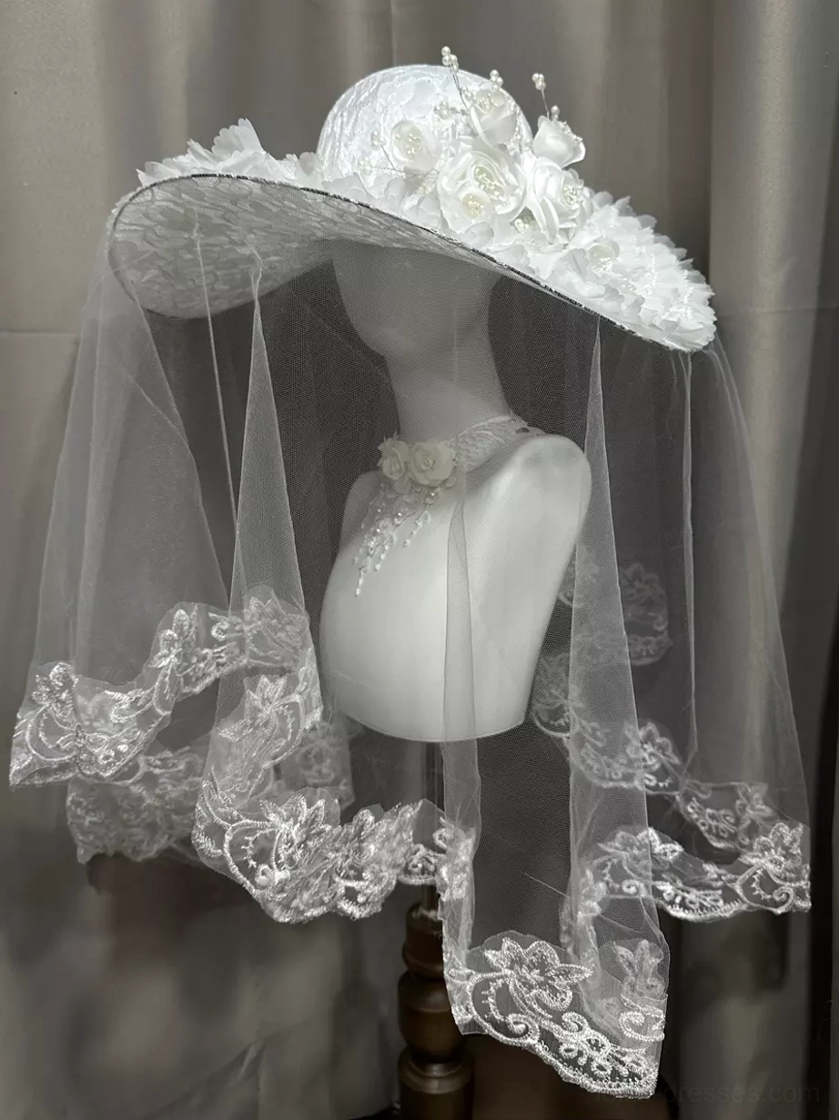Gothic lolita wide-brimmed hat with textured crown and black rose and bead trims, right front three-quarter angle display
