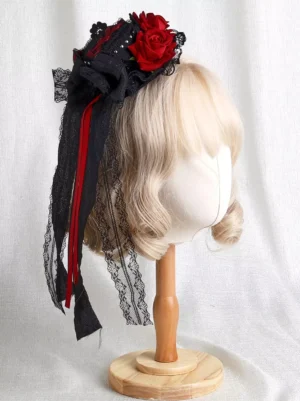 gothic-lolita-headdress-right-side-view-red-fabric-roses-black-base-hanging-lace-ribbon-streamers