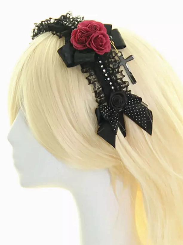 Gothic lolita hair headband left profile view on mannequin featuring wine red roses black lace bows cross pendant and rhinestone embellishments