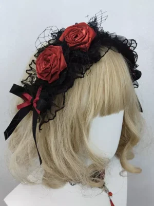 gothic-lolita-headband-with-black-ruffled-lace-red-satin-roses-and-veil-accent-left-front-three-quarter-view