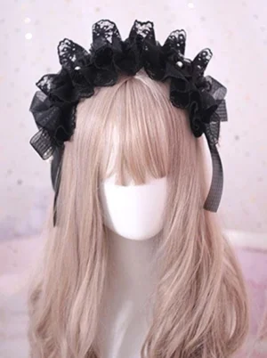 Gothic Lolita black lace headdress front view with pearl ruffle bow on mannequin showing detailed lace and pearl embellishments